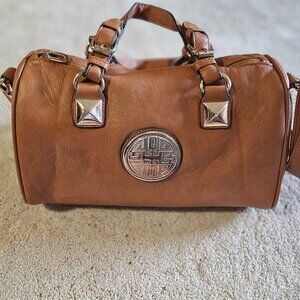 Brown Designer-like Barrel Handbag